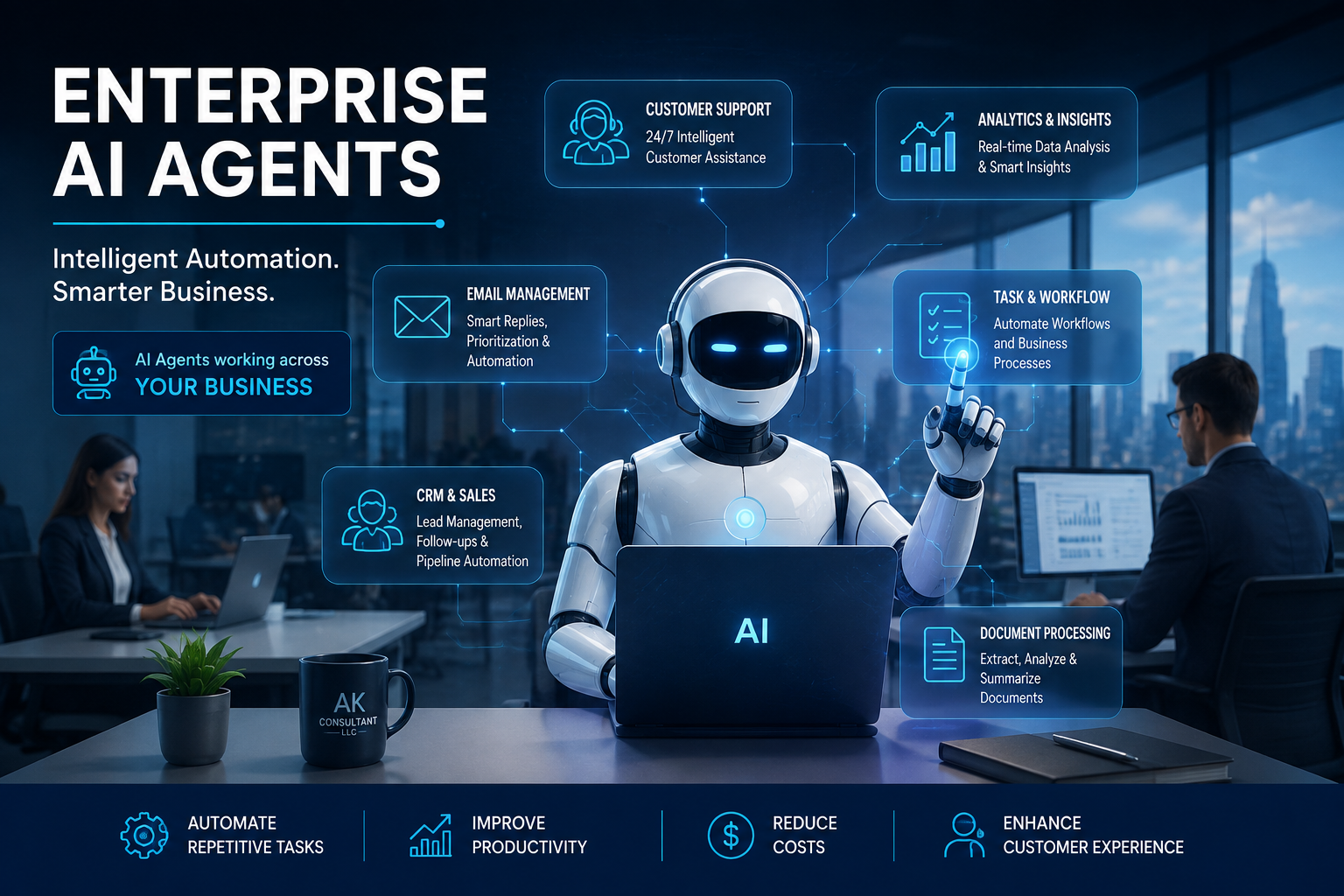 Enterprise AI Agents platform automating customer support, CRM, workflow automation, document processing, analytics, and business operations.