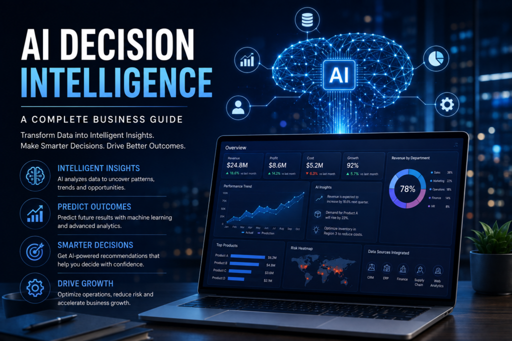 AI decision intelligence dashboard showing predictive analytics and business insights