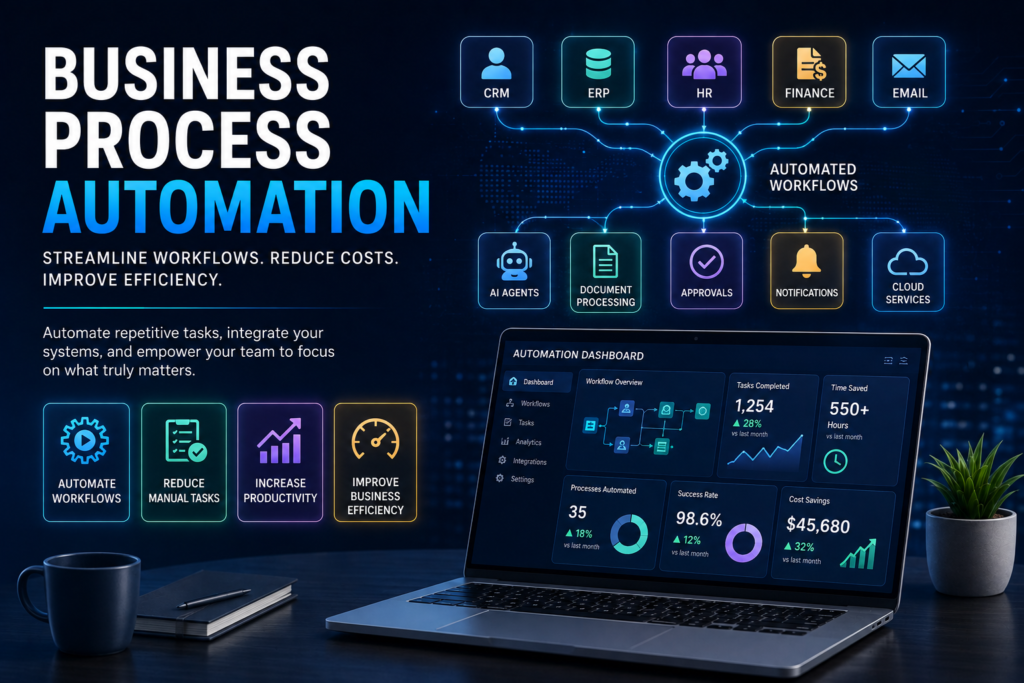 Business Process Automation dashboard showing automated workflows connecting CRM, ERP, finance, customer support, AI services, and enterprise applications.