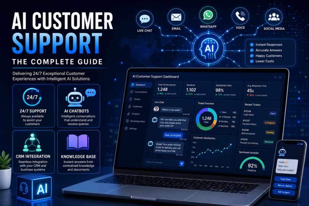 AI Customer Support platform providing intelligent 24/7 customer service through chatbots, CRM integration, live chat, email automation, knowledge base search, analytics dashboard, and enterprise AI automation.