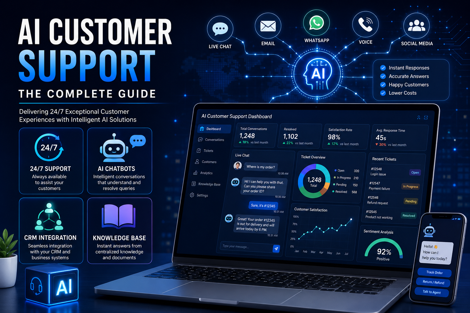 AI Customer Support platform providing intelligent 24/7 customer service through chatbots, CRM integration, live chat, email automation, knowledge base search, analytics dashboard, and enterprise AI automation.