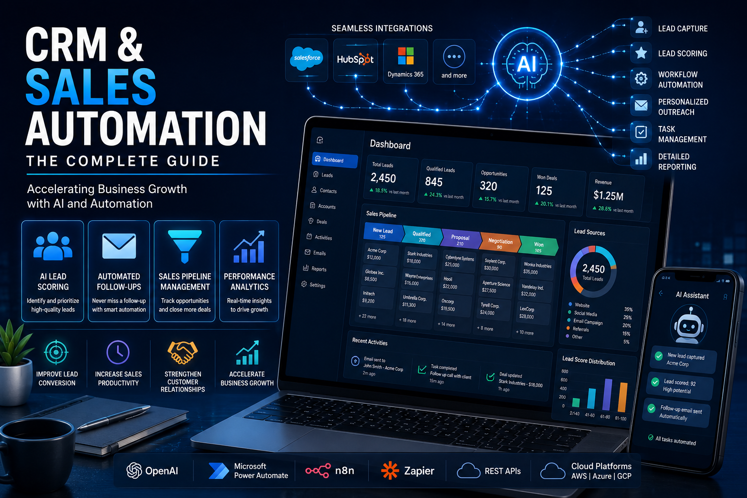 CRM and Sales Automation dashboard showing AI lead scoring, sales pipeline, workflow automation, customer relationship management, analytics, and enterprise business integrations.