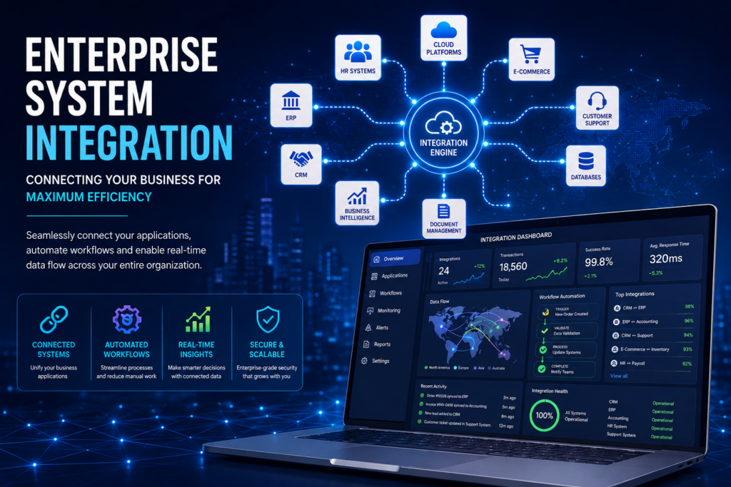 Enterprise System Integration dashboard connecting CRM, ERP, HR, finance, cloud applications, APIs, workflow automation, and real-time business analytics.