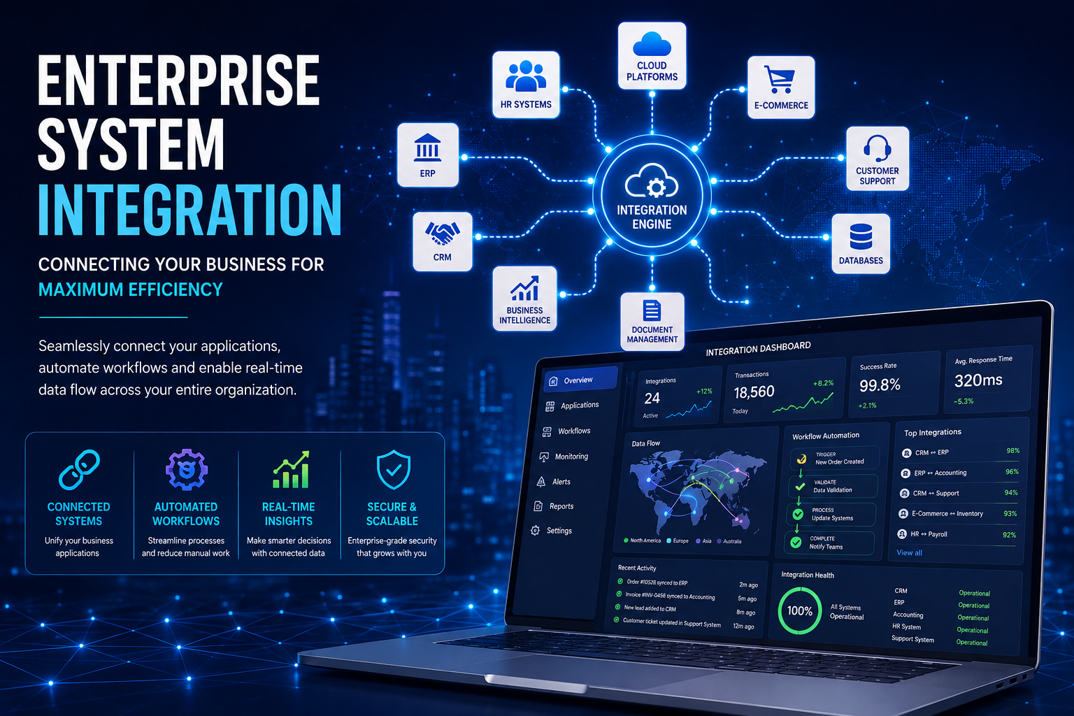 Enterprise System Integration dashboard connecting CRM, ERP, HR, finance, cloud applications, APIs, workflow automation, and real-time business analytics.