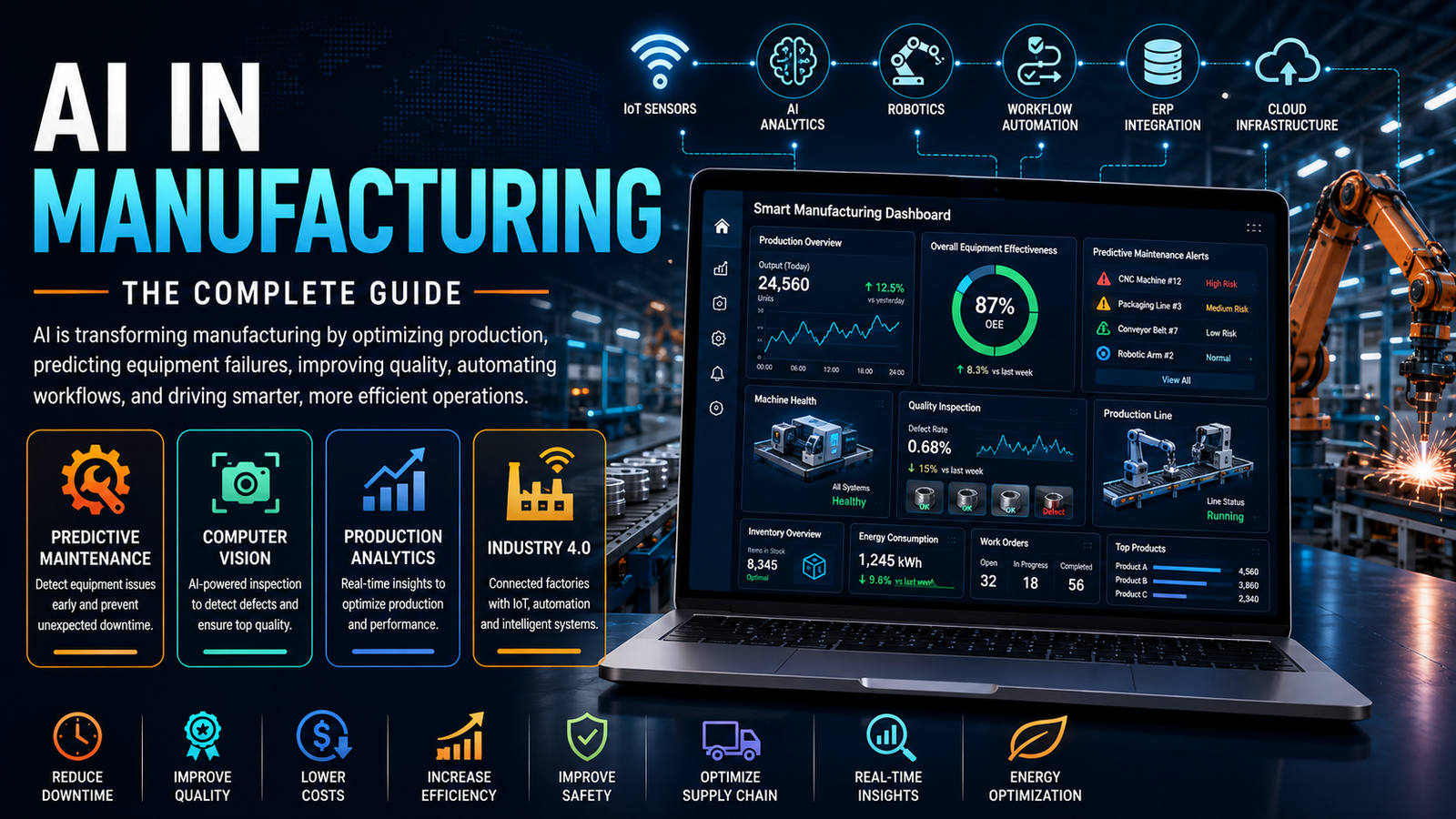 AI-powered smart factory dashboard showing predictive maintenance, production analytics, robotics, computer vision, workflow automation, and Industry 4.0 manufacturing systems.