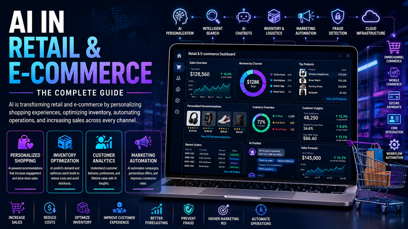 AI-powered retail dashboard showing personalized product recommendations, inventory management, customer analytics, omnichannel commerce, and intelligent sales automation.