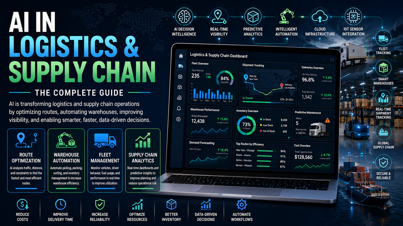 AI-powered logistics dashboard showing fleet tracking, warehouse automation, route optimization, shipment monitoring, supply chain analytics, and intelligent logistics management.