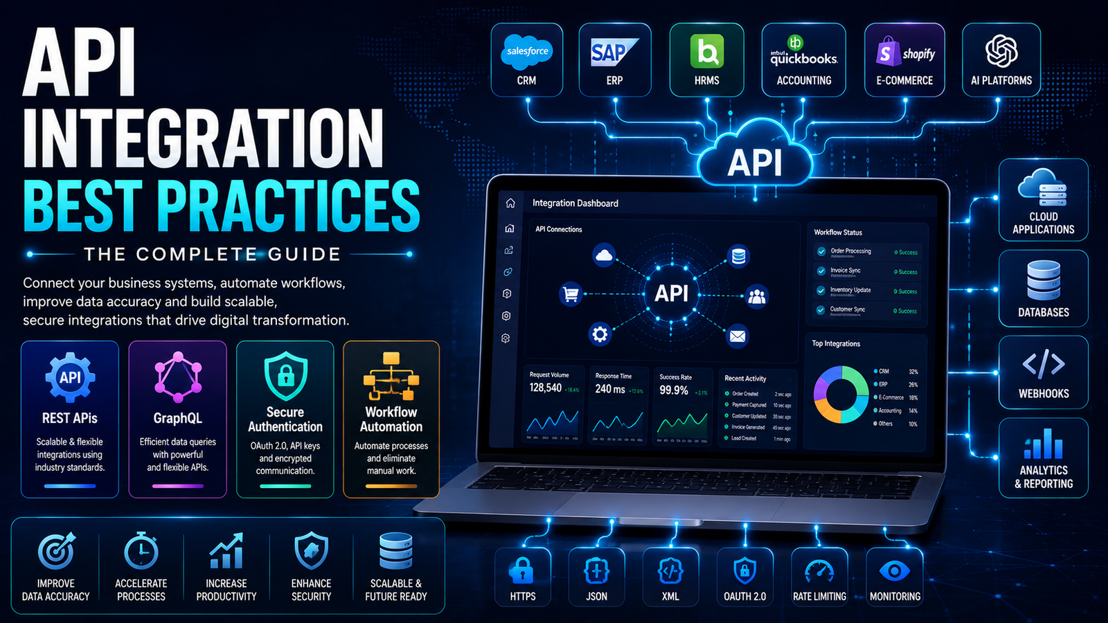 Enterprise API integration dashboard showing secure cloud applications, workflow automation, REST APIs, GraphQL, business analytics, and connected enterprise systems.