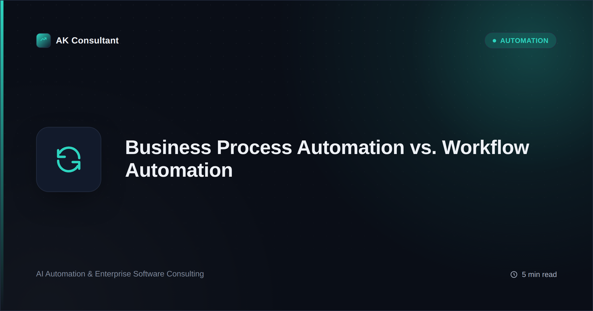 Teal automation cycle icon on a dark background representing business process automation versus workflow automation