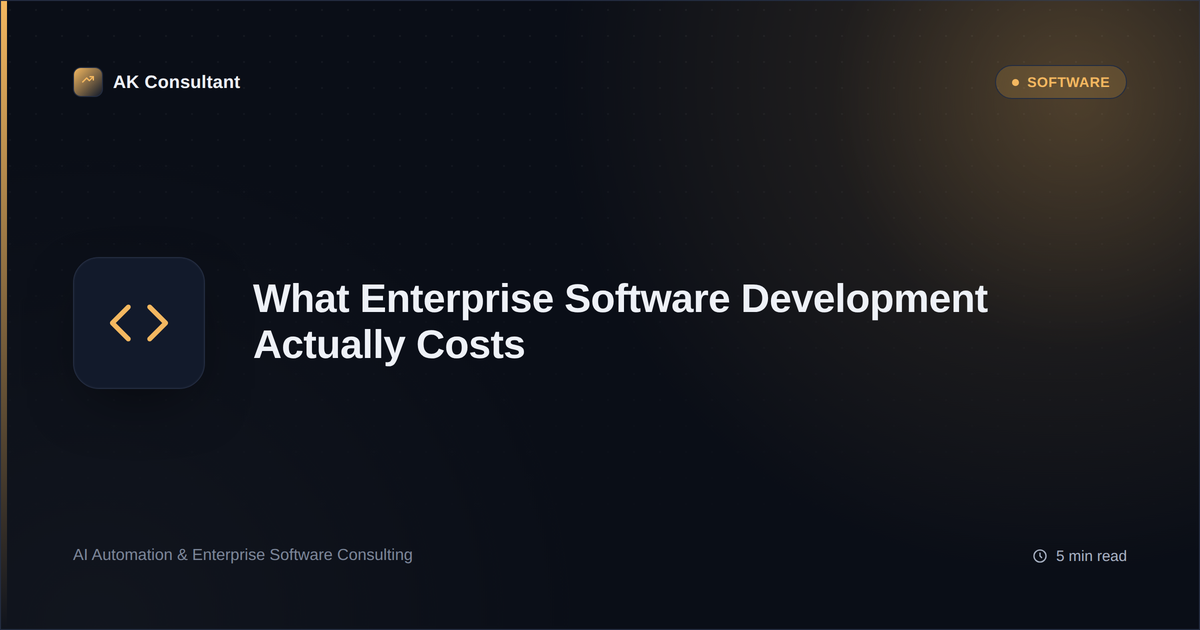 Amber code-bracket icon on a dark background representing enterprise software development cost